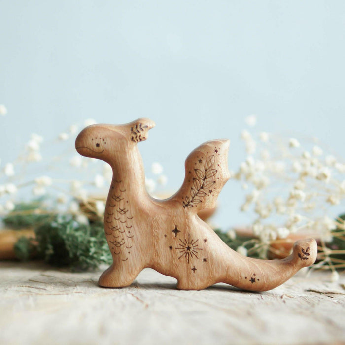 Wooden Baby Dragon, a natural wood animal toy by Tiny Fox Hole, cut and finished by hand from solid wood