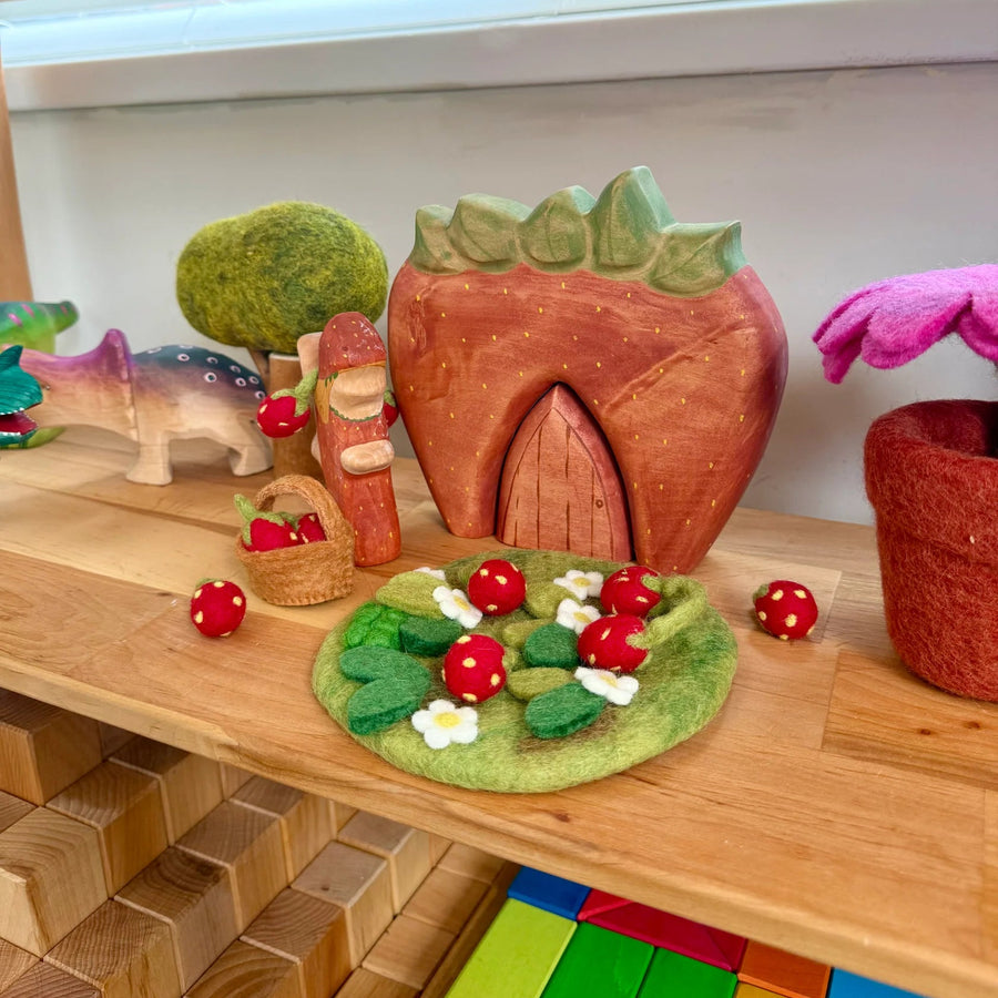 Little Brood Felt Strawberry Mini Play Mat, a hand-felted wool strawberry patch with basket for travel play.