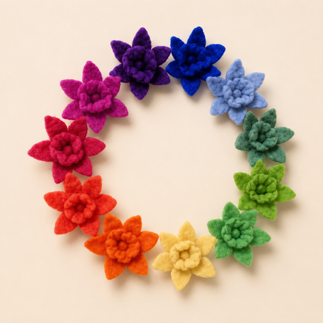 Rainbow Daffodils: twelve freestanding felt daffodils in the Goethe rainbow colors.