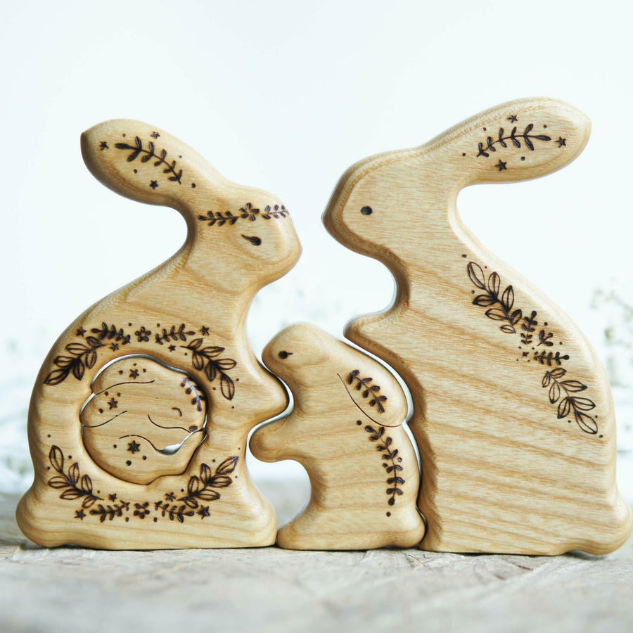 Wooden Bunny Family Announcement Puzzle (Mom, Dad, and Two Little Ones)
