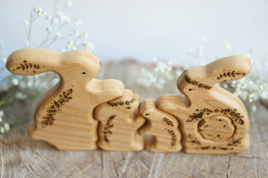 Wooden Bunny Family Announcement Puzzle (Mom, Dad, and Three Little Ones)