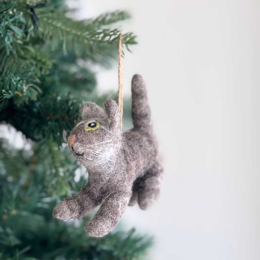 Felt Gray Cat Ornament - American Short Hair Cat, a wool felt ornament by Ganapati Crafts Co., needle-felted and hand-stitched in Nepal