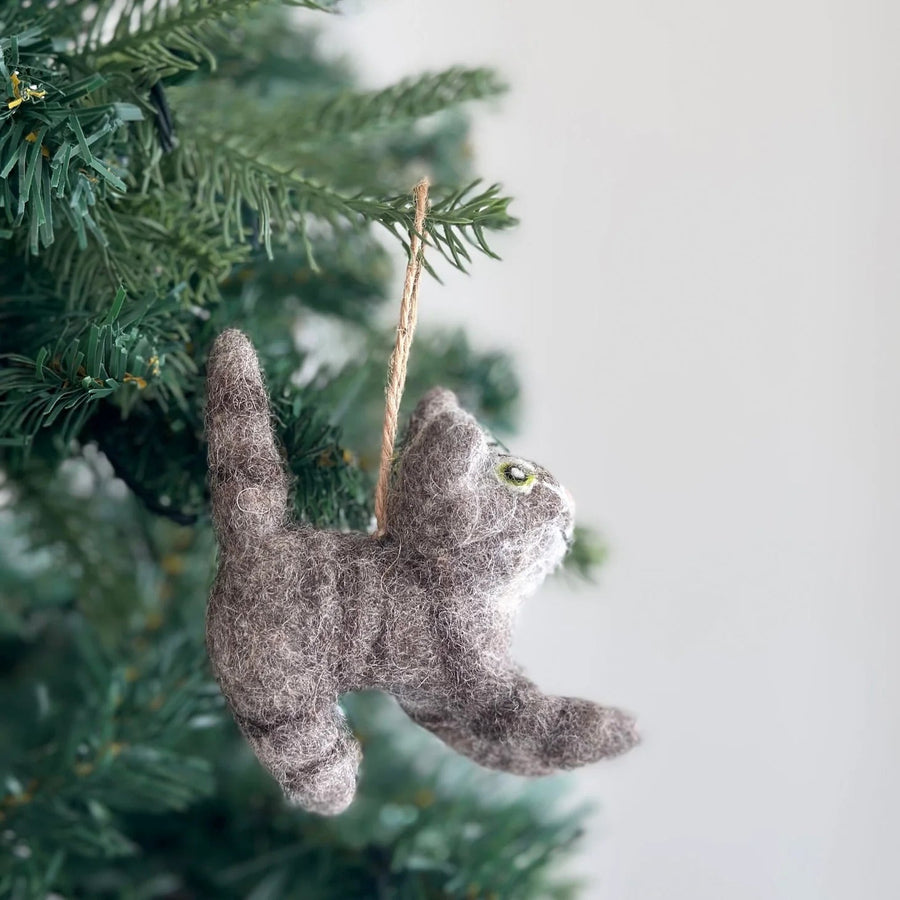 Felt Gray Cat Ornament - American Short Hair Cat, a wool felt ornament by Ganapati Crafts Co., needle-felted and hand-stitched in Nepal (view 3)