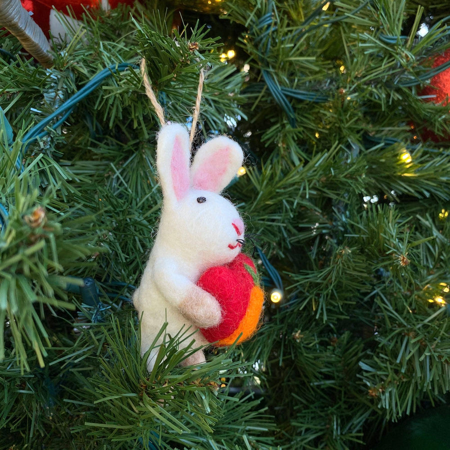 Felt Ornament - Bunny Holding A Heart, a wool felt ornament by Ganapati Crafts Co., needle-felted and hand-stitched in Nepal (view 3)
