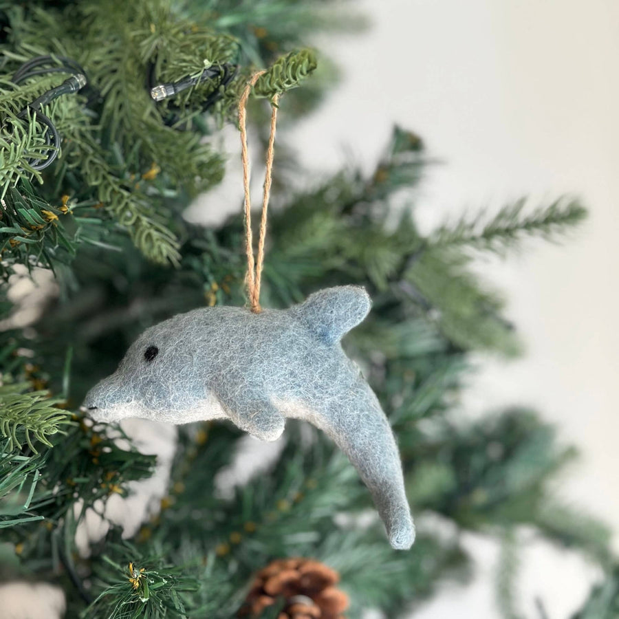 Felt Ornament - Dolphin, a wool felt ornament by Ganapati Crafts Co., needle-felted and hand-stitched in Nepal (view 2)