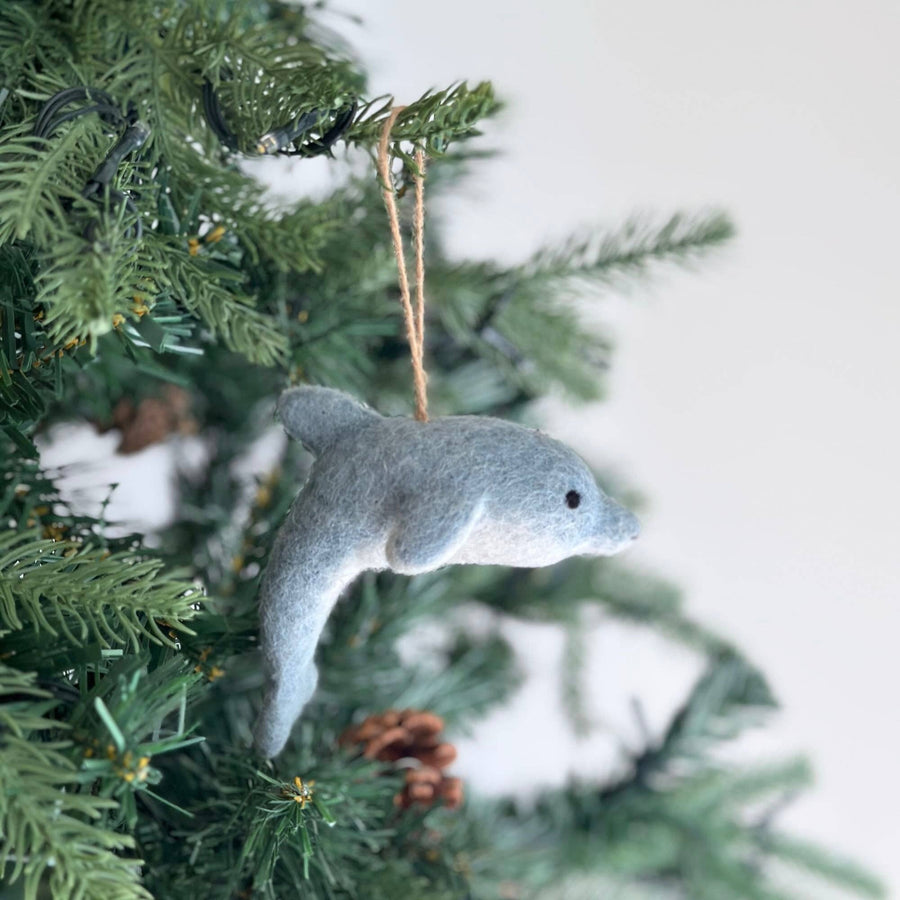 Felt Ornament - Dolphin, a wool felt ornament by Ganapati Crafts Co., needle-felted and hand-stitched in Nepal (view 4)