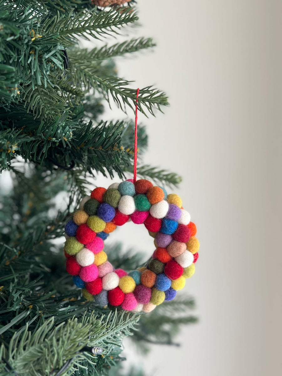 Felt Ornament - Mini Pompom Pompom Wreath, a wool felt ornament by Ganapati Crafts Co., needle-felted and hand-stitched in Nepal (view 5)