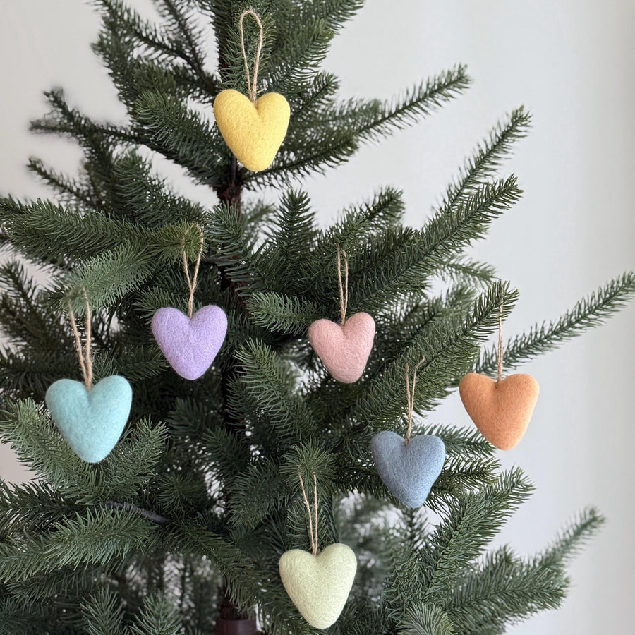 Felt Pastel Heart Ornaments – Set of 7 Wool Decorations, a wool felt ornament by Ganapati Crafts Co., needle-felted and hand-stitched in Nepal (view 3)