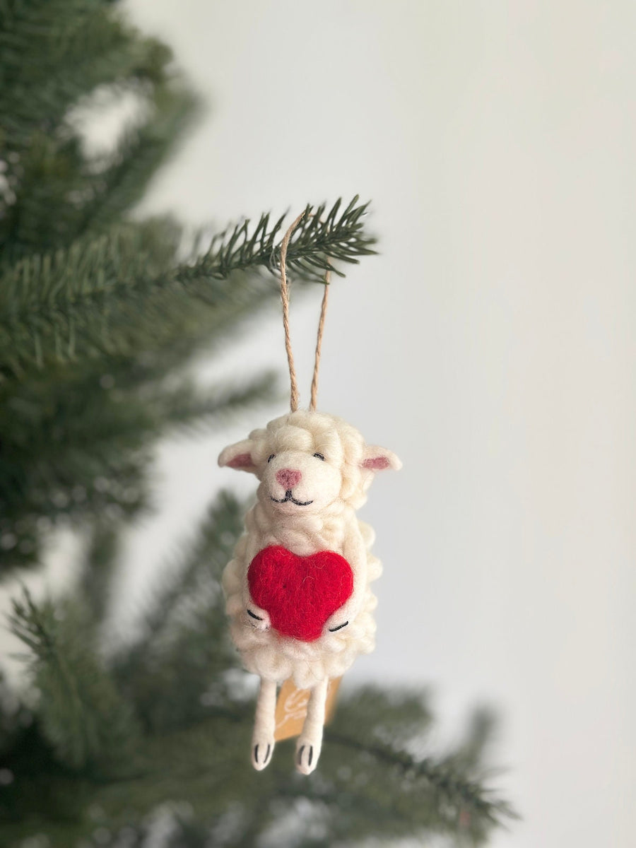Felt Sheep Holding Heart Ornament, a wool felt ornament by Ganapati Crafts Co., needle-felted and hand-stitched in Nepal (view 2)