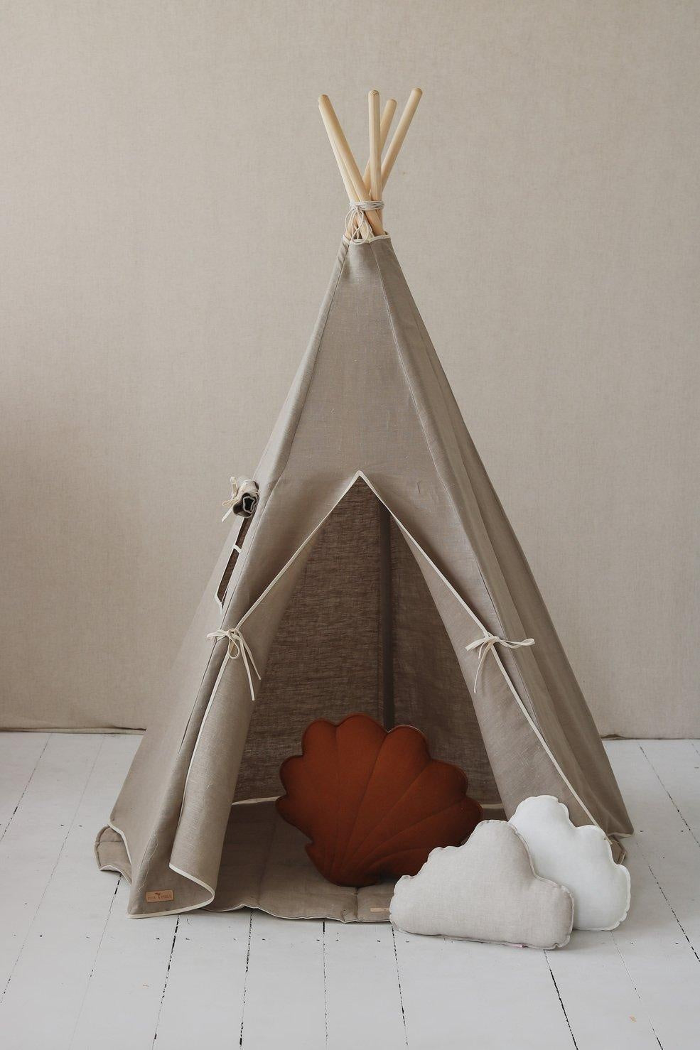 beige tipi tent “Natural Linen” Teepee Tent and White and Grey Leaf Mat Set