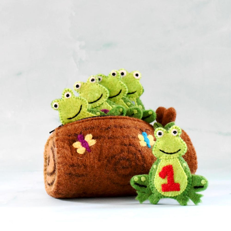 5 Little Speckled Frogs with Log Bag, Finger Puppet Set