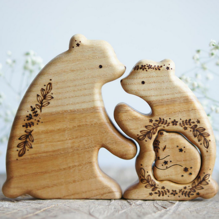 Wooden Bear Family Announcement Puzzle with two grown bears and a baby, a wooden new-baby keepsake by Tiny Fox Hole, cut and finished by hand