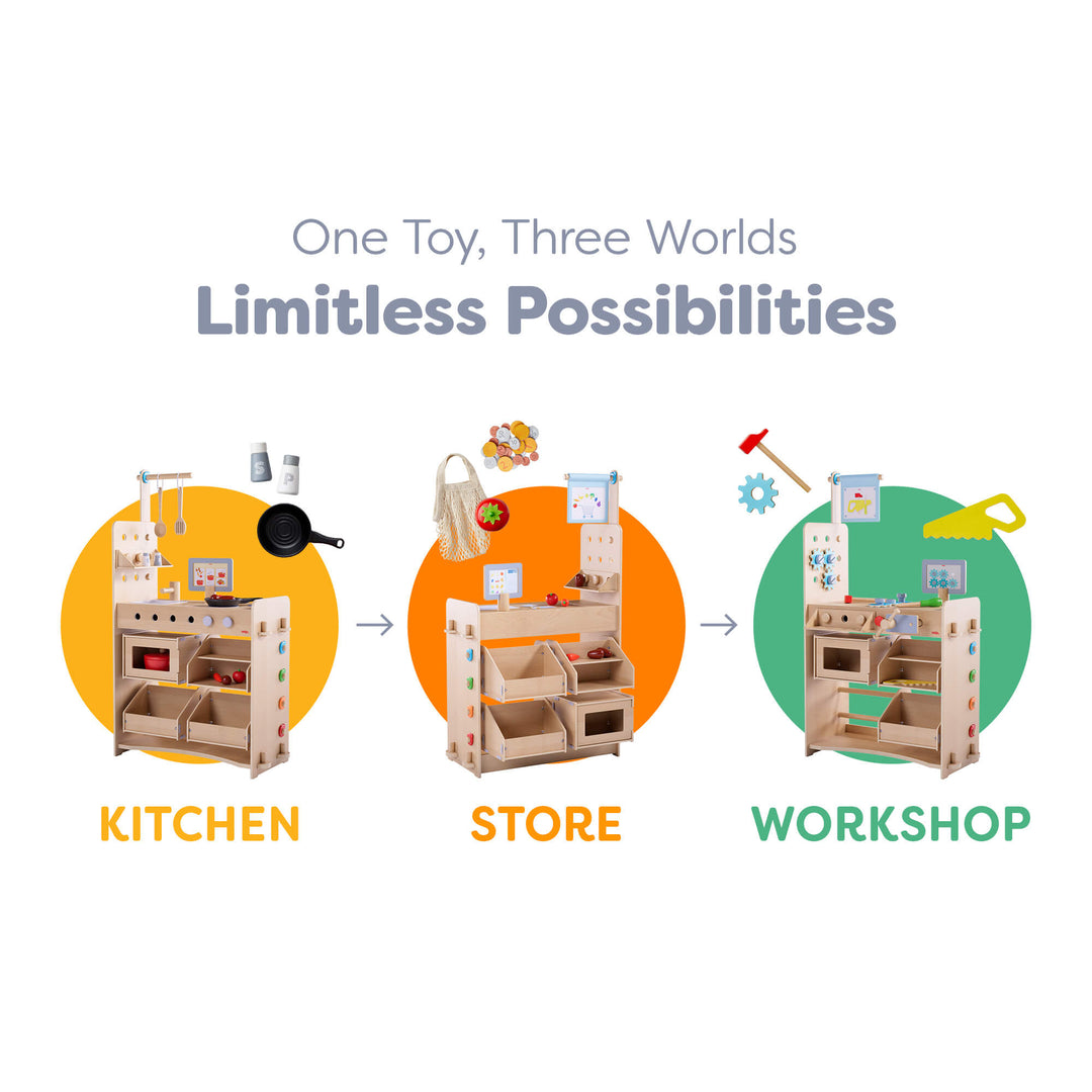 Creative Play 3 in 1 – Play Kitchen, Store &amp; Workshop