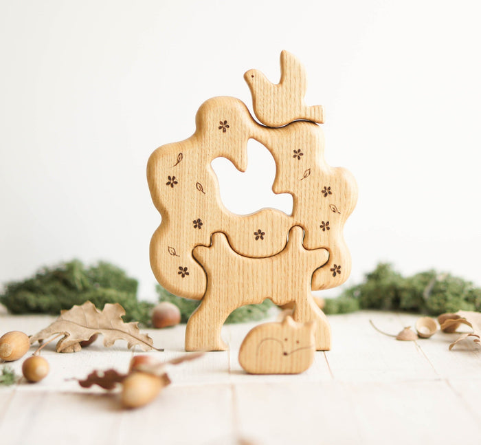 Wooden Tree Puzzle with Bird and Fox, a natural wood puzzle by Tiny Fox Hole, cut and finished by hand from solid wood