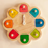 Q Toys Emotions Puzzle with Coping Strategies, flower-shaped rubberwood board with eight emotion petals and a turning arrow · view 1
