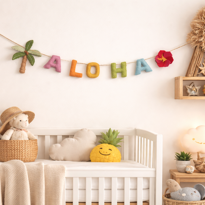 Handmade wool felt garland spelling ALOHA in bright colors