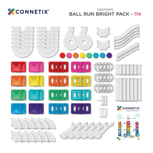 Connetix Ball Run Bright Pack 114, every piece laid out by shape and colour
