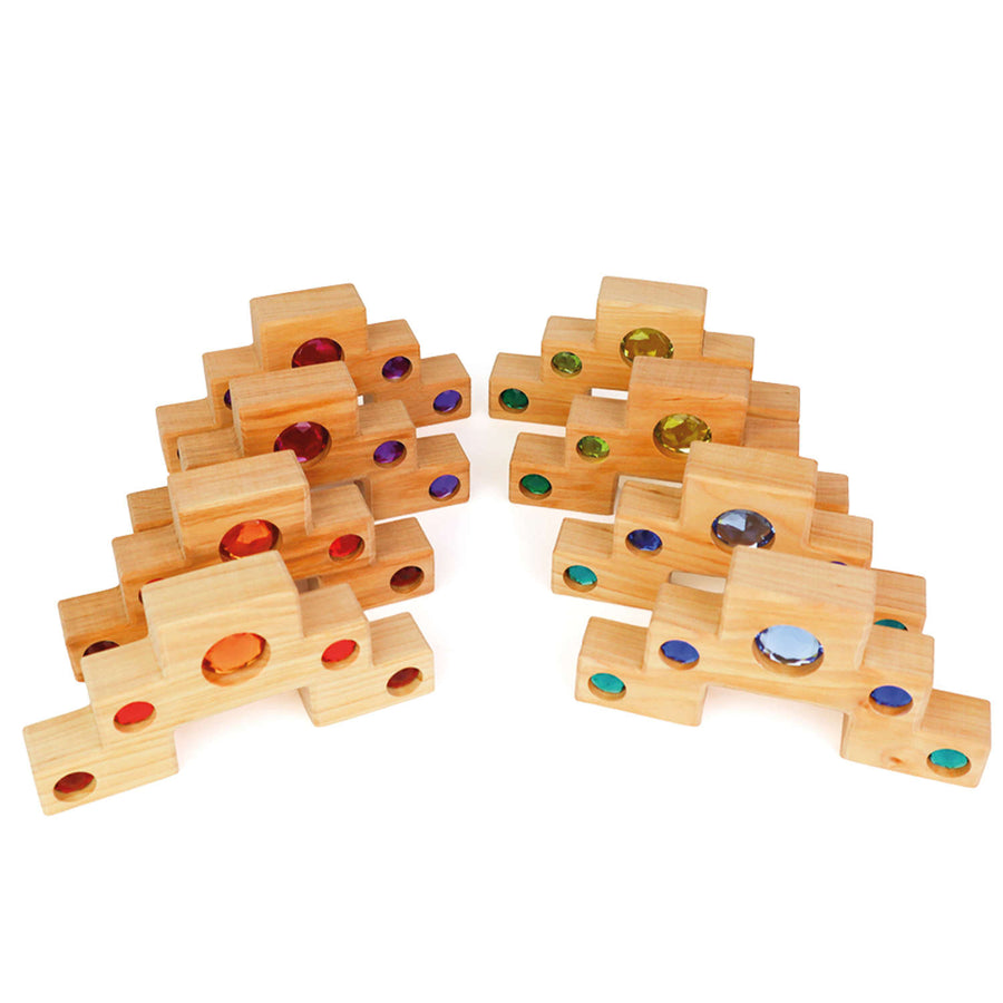 Bauspiel Color Staircase blocks arranged into two stepped pyramids with gem insets