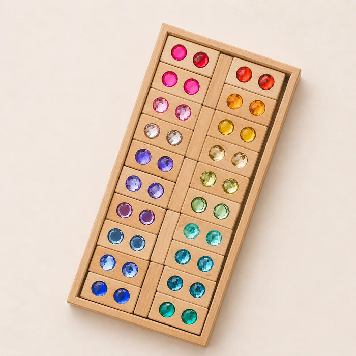 Bauspiel Color Track, 40 gem blocks with two inset stones each in a long wooden tray