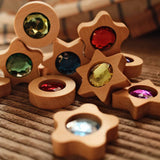 Bauspiel wooden star, flower and round play coins with sparkling stones · view 2
