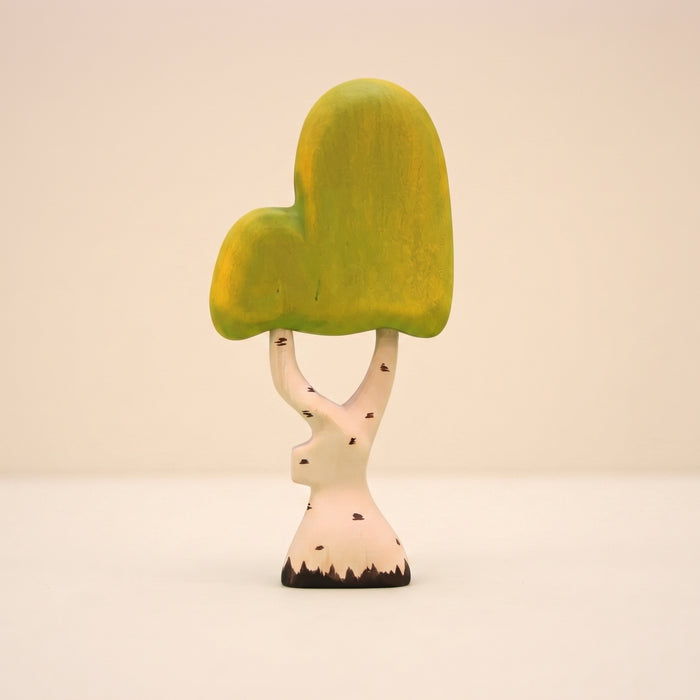 Wooden birch tree with a pale white trunk and a soft yellow green canopy