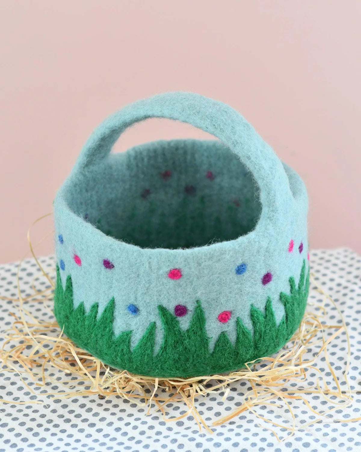 Pre-Oder Felt Blue Basket with Colorful Dots (Ships in late January)