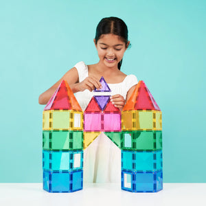 A figure built from Bright magnetic tiles, arms spanning two-square rectangles