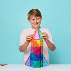 Connetix Bright Starter Pack 56, every piece laid out by shape and colour