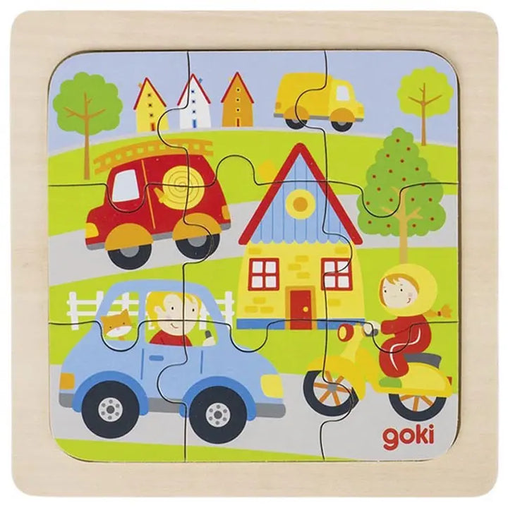 Goki Wooden Puzzle, 9 Pieces: Farm, Jungle, Sea, or City
