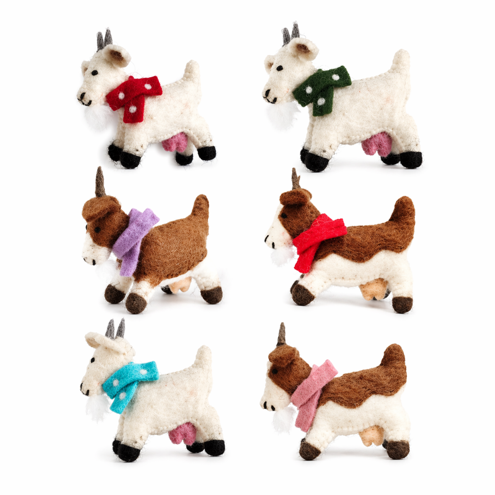 Handmade wool felt goat ornament in assorted colors