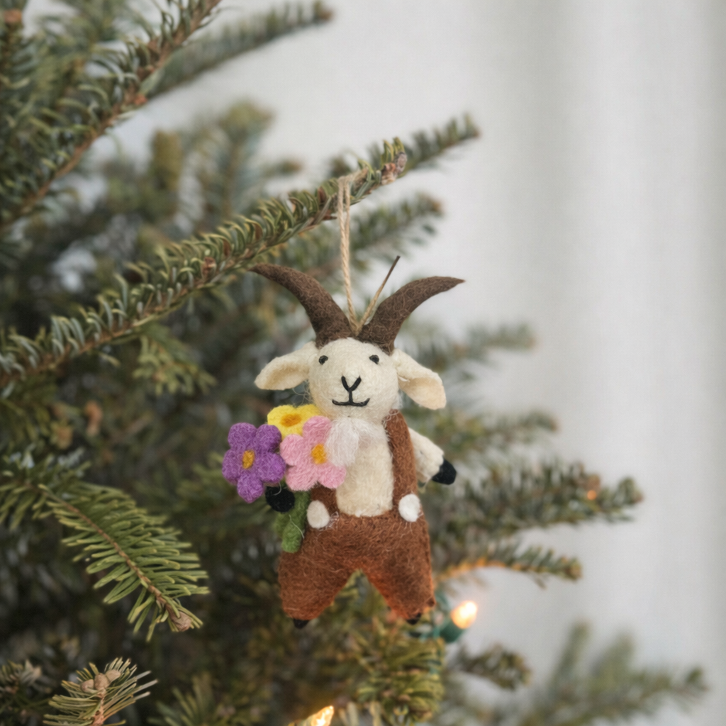 Felt Goat Holding Flower Ornament