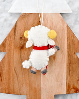 Back of the felt lamb ornament, showing its curly white wool coat and red scarf · view 2