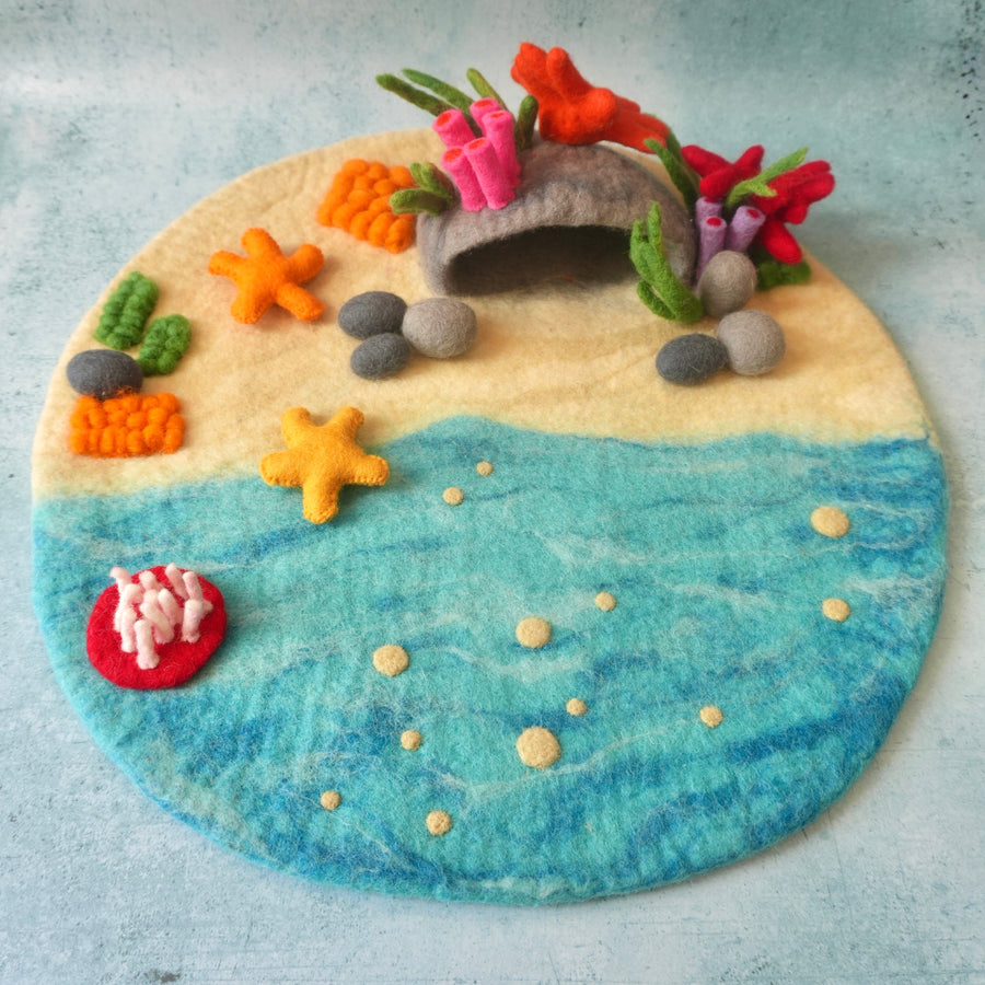 Coral Cave Felt Play Mat, Little Brood hand-felted wool play mat, a hand-felted coral reef scene for small-world ocean play.
