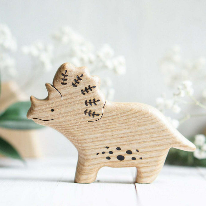 Wooden Triceratops, a natural wood animal toy by Tiny Fox Hole, cut and finished by hand from solid wood