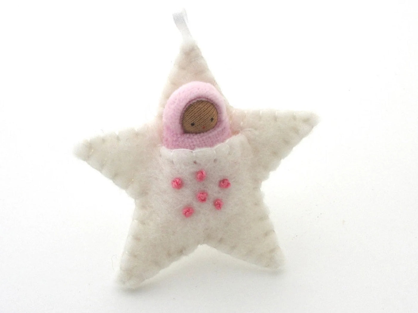 Fairyshadow White Embroidered Star Ornament, Pink Baby