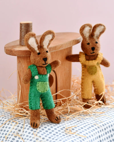 Felt Brown Hare Rabbit with Green Overalls Toy