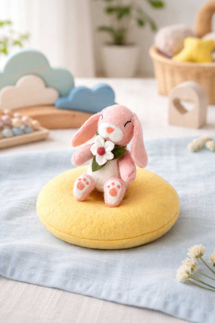 Sale Felt Bunny Rabbit with Flower on Cushion