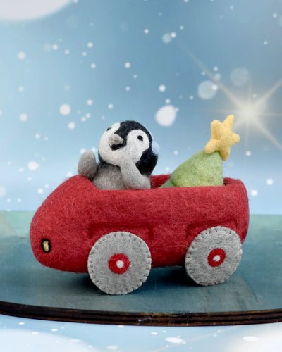 Pre-Order Felt Penguin in Toy Car and Christmas Tree (Ships in November)