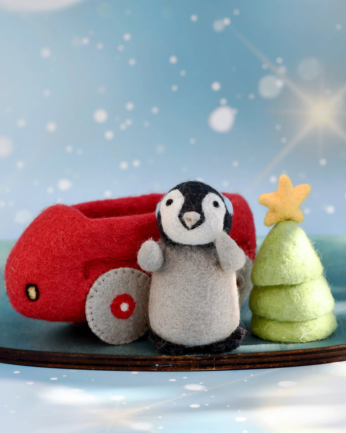 Pre-Order Felt Penguin in Toy Car and Christmas Tree (Ships in November)