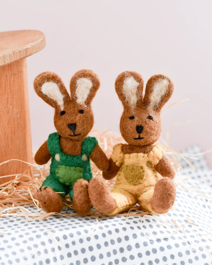 Felt Brown Hare Rabbit with Green Overalls Toy