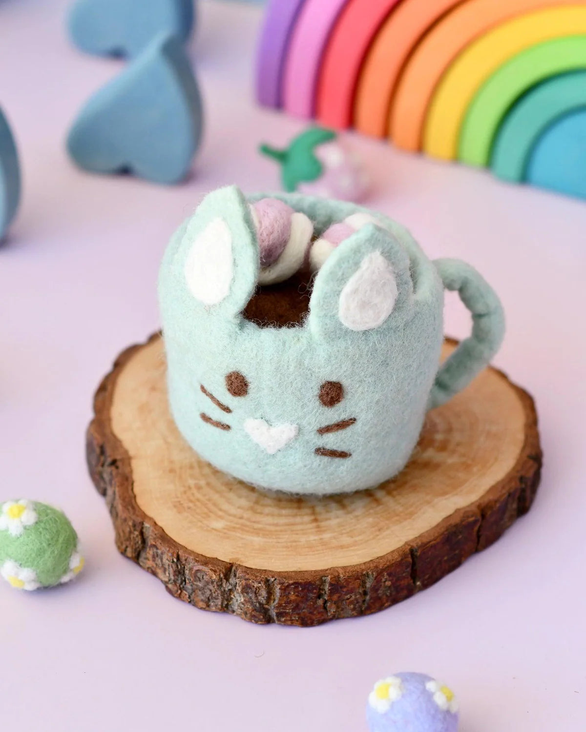 Sale Felt Bunny Hot Chocolate Mug with Marshmallows, Mint Green Cup, New Design