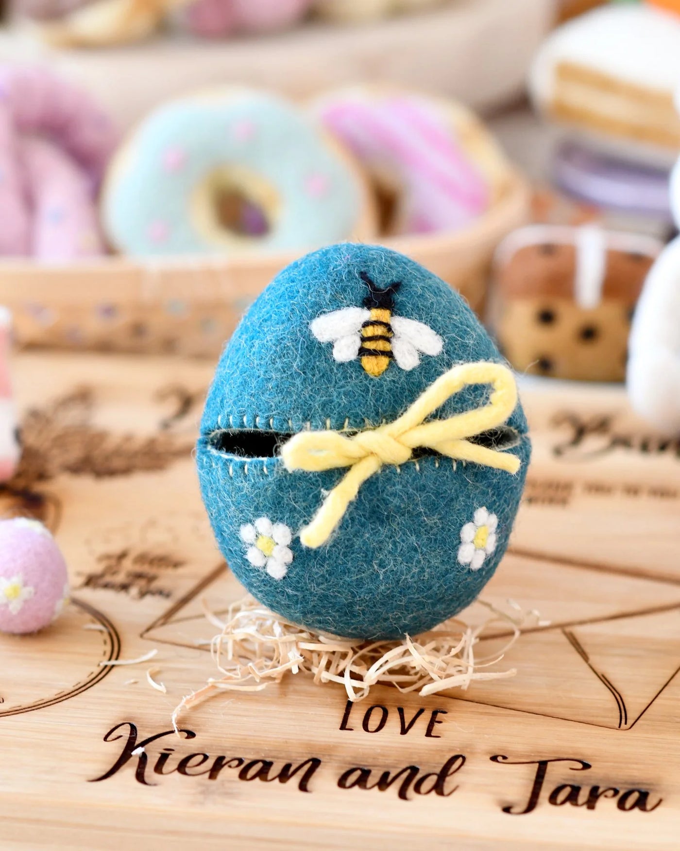 Felt Egg Cover, Blue with Bee Motif