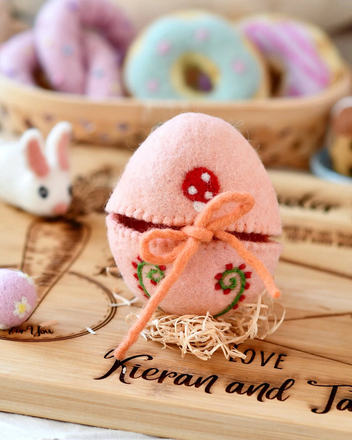 Sale Felt Egg Cover, Peach with Mushroom Motif