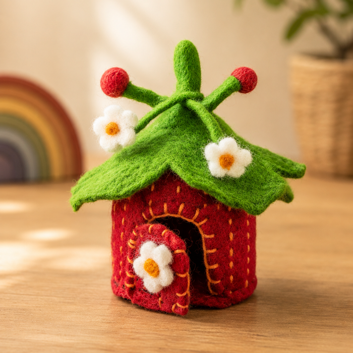 Felt strawberry leaf tiny home for fairy-village small-world play
