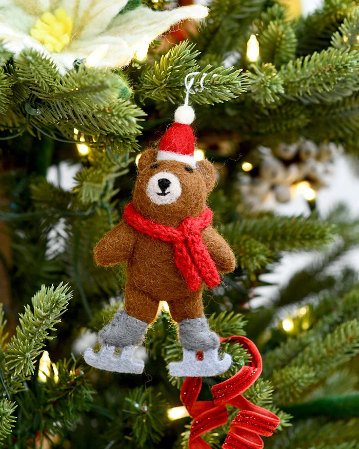Sale Felt Brown Bear with Ice Skates Ornament