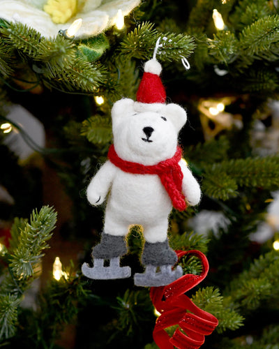 Pre-Order Felt Polar Bear with Ice Skates Ornament (Ships in November)