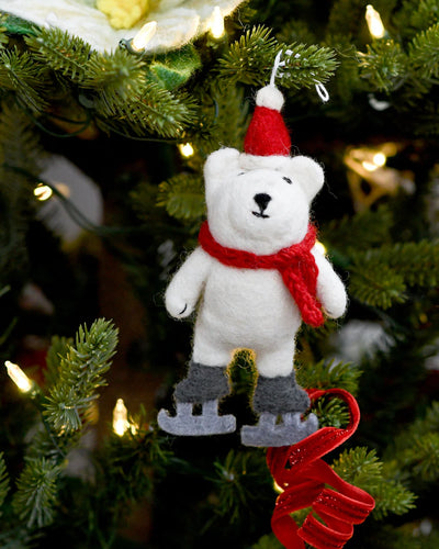 Pre-Order Felt Polar Bear with Ice Skates Ornament (Ships in November)