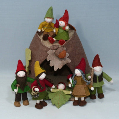 Forest Gnome Family (3.5") with Oak Tree Stump House | Fair Skin Tone | Set of 7 Dolls