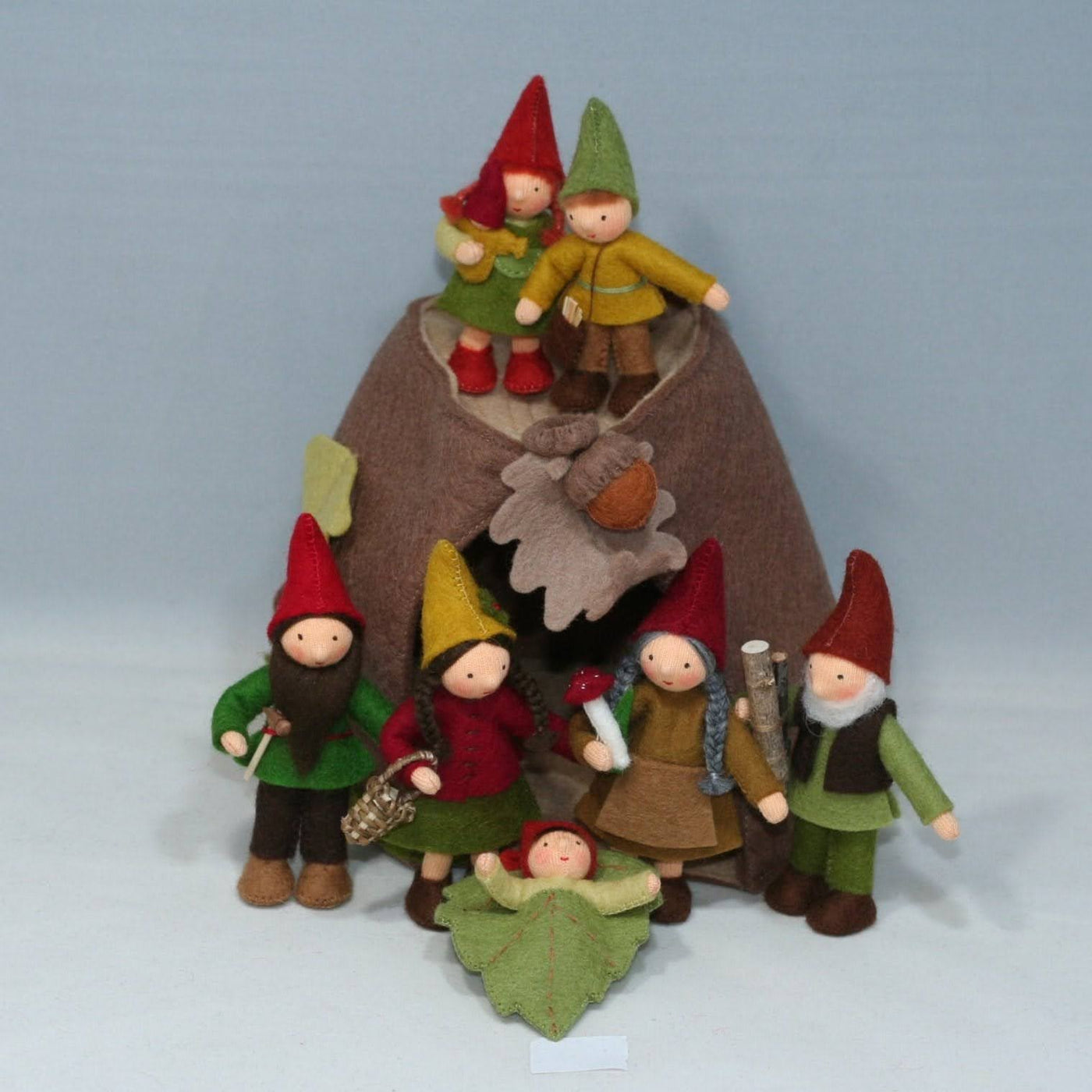 Forest Gnome Family (3.5") with Oak Tree Stump House | Light Skin Tone | Set of 7 Dolls