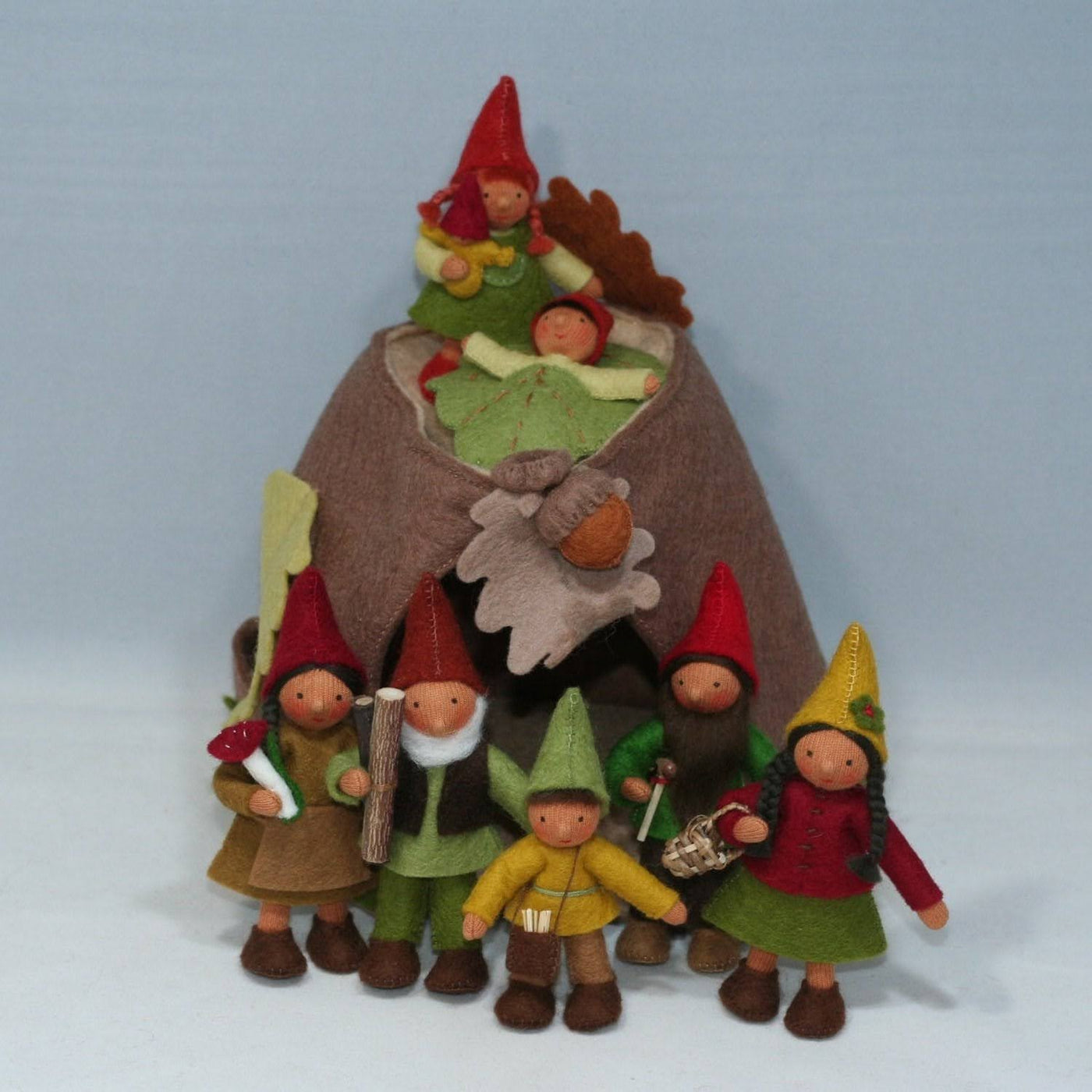 Forest Gnome Family (3.5") with Oak Tree Stump House | Medium Skin Tone | Set of 7 Dolls